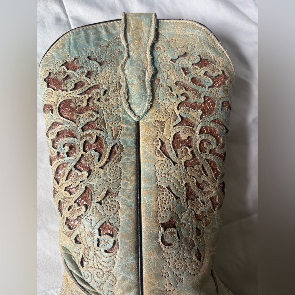 Corral Kids Boots with Turquoise and Brown Embroidery - Picture 4 of 6